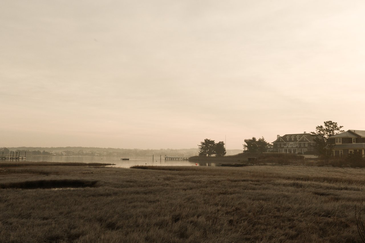 A waterfront landscape with marshy grass, calm water, and large houses on the right under a hazy sky.