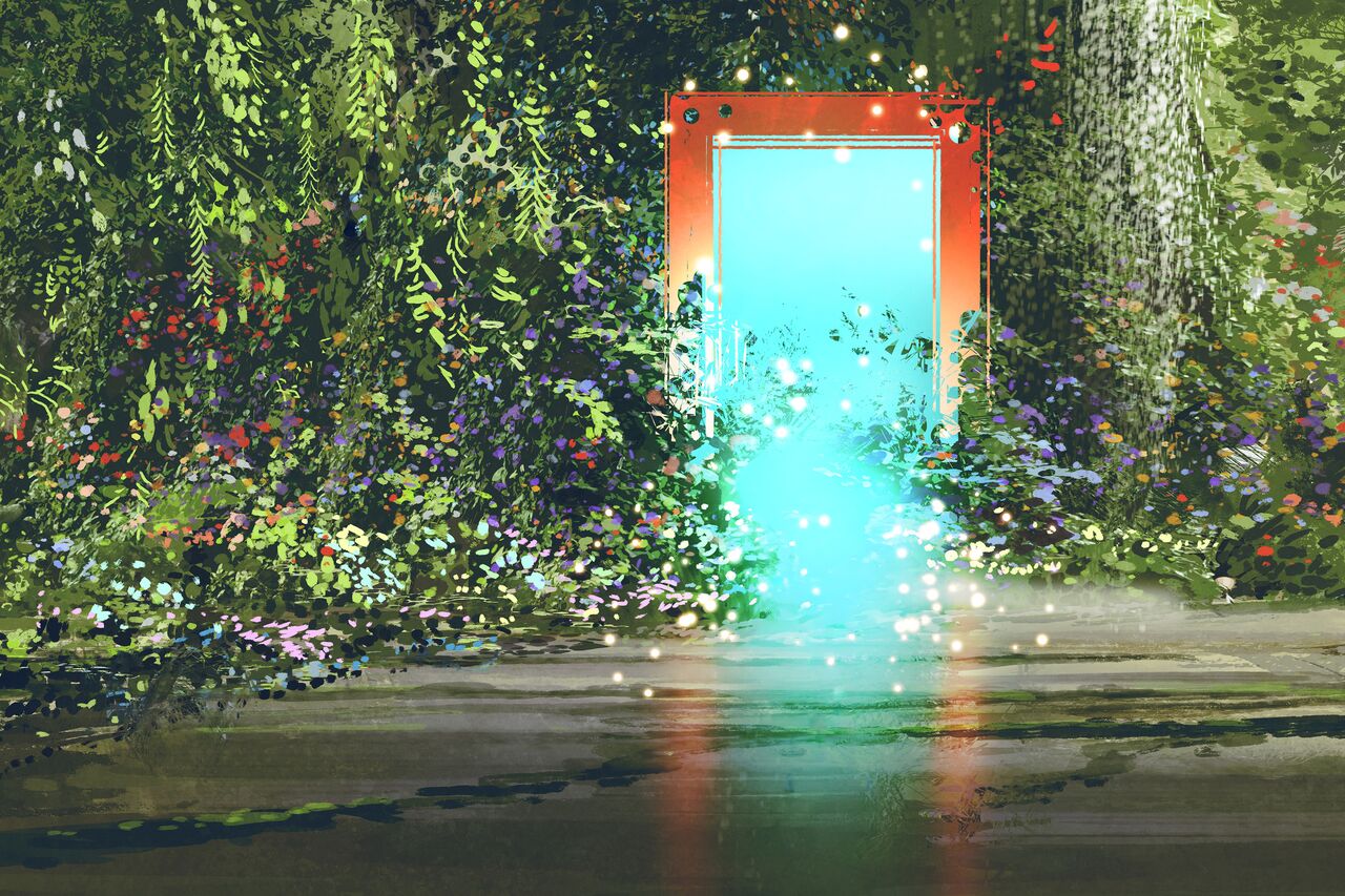 A glowing blue doorway opens into a lush, colorful forest.