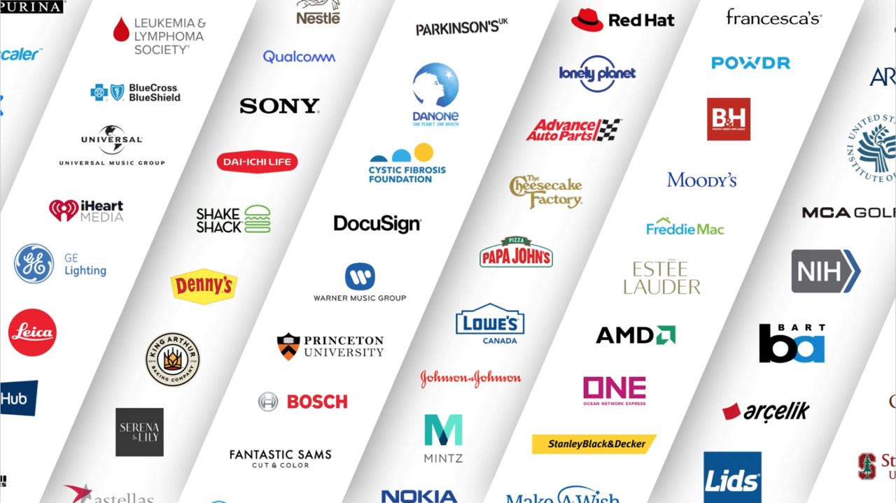 Acquia customer logos for 2021, including Sony, J&amp;J, Leica, Sony, AMD, Nokia, Danone, Qualcomm, GE, Lids, Nestle and more