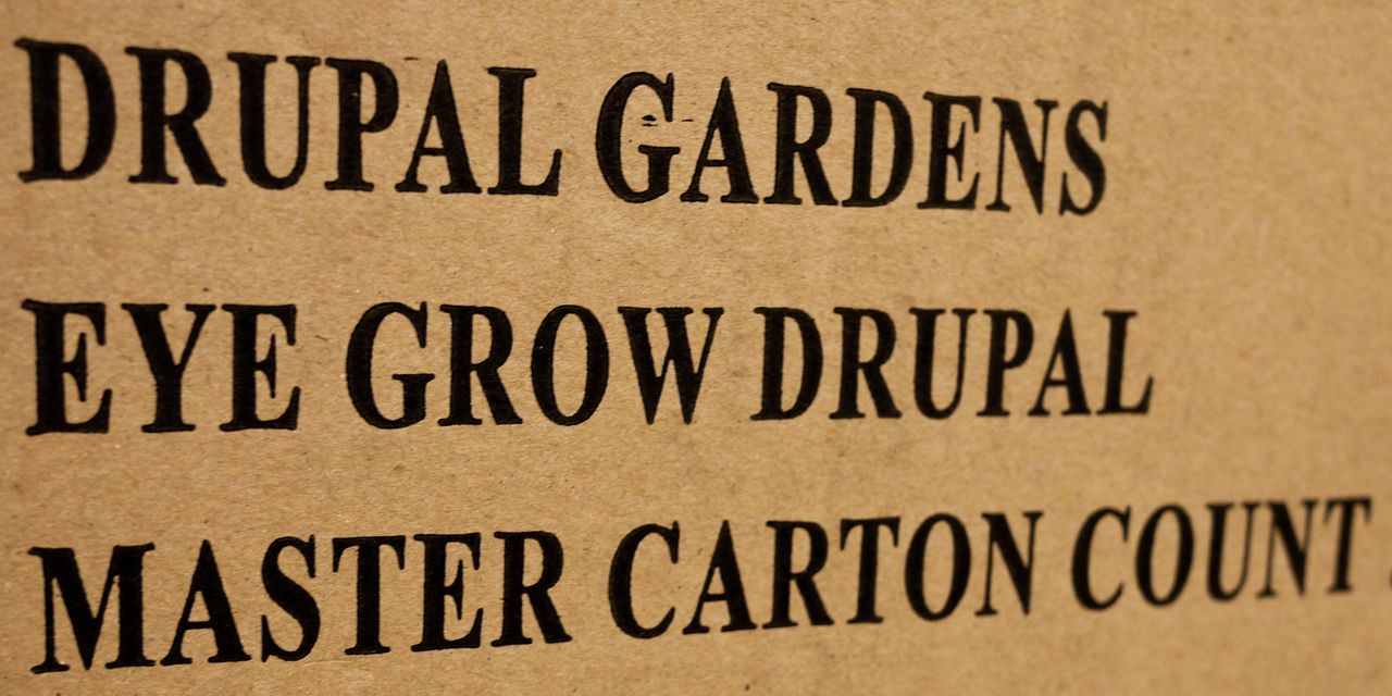 Black text on a cardboard surface reads "DRUPAL GARDENS", "EYE GROW DRUPAL", and "MASTER CARTON COUNT" in bold letters.