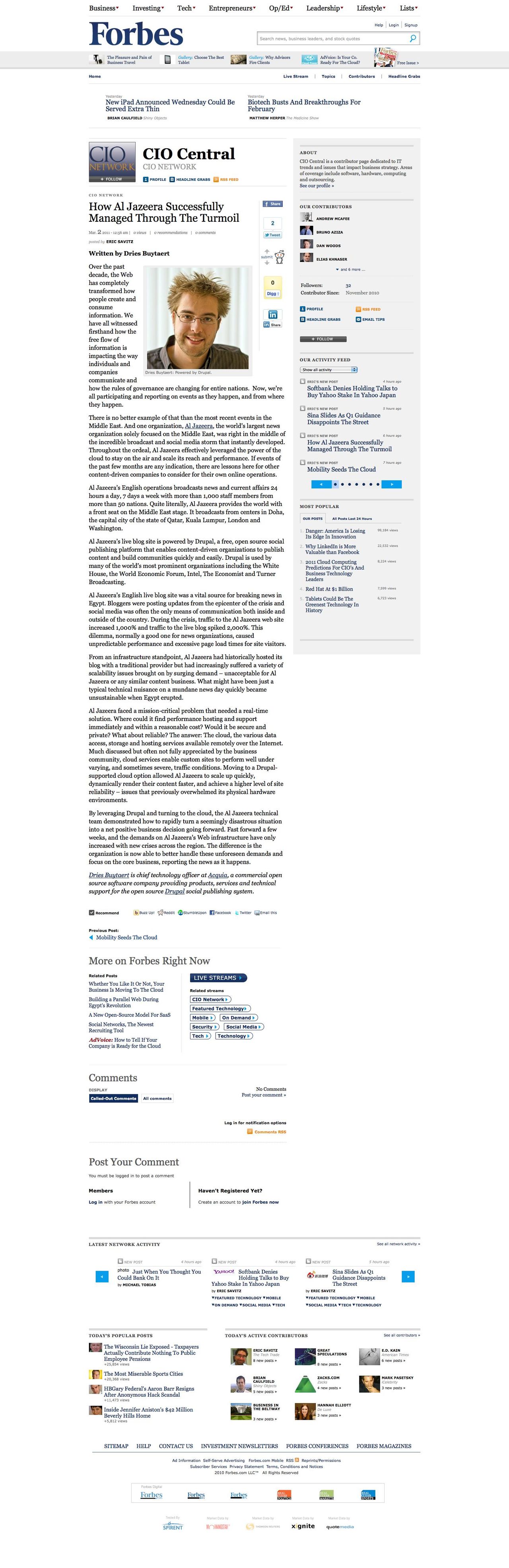 Forbes article on how Al Jazeera managed challenges, featuring a person's photo and related links.
