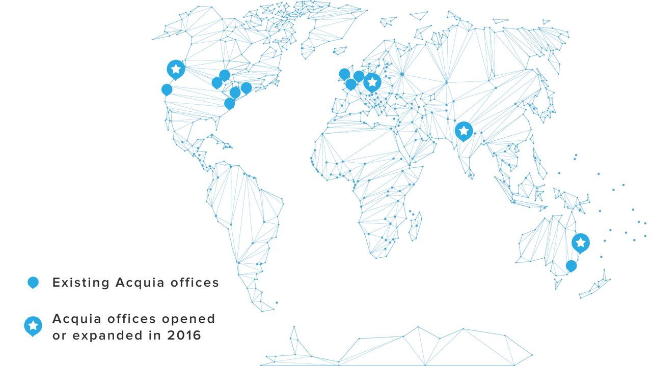 A world map showing Acquia office locations, highlighting existing offices and those opened or expanded in 2016.