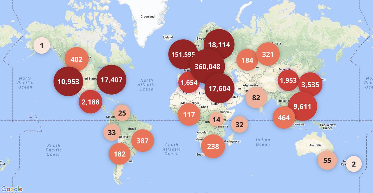 A world map displaying clustered red and orange circles representing numerical data distribution across various regions.