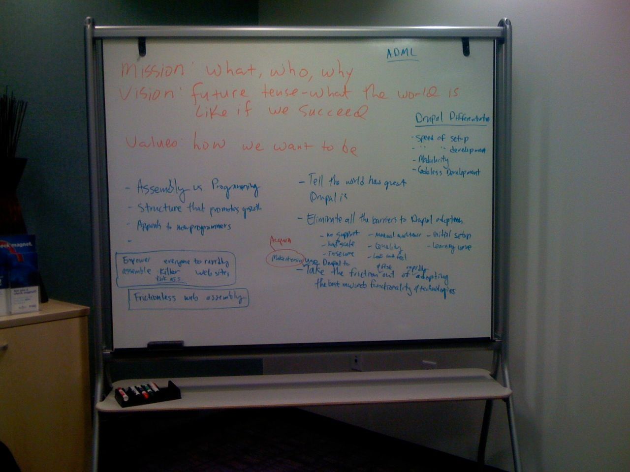 A whiteboard covered with handwritten notes outlining mission, vision, values, and Drupal development strategies.