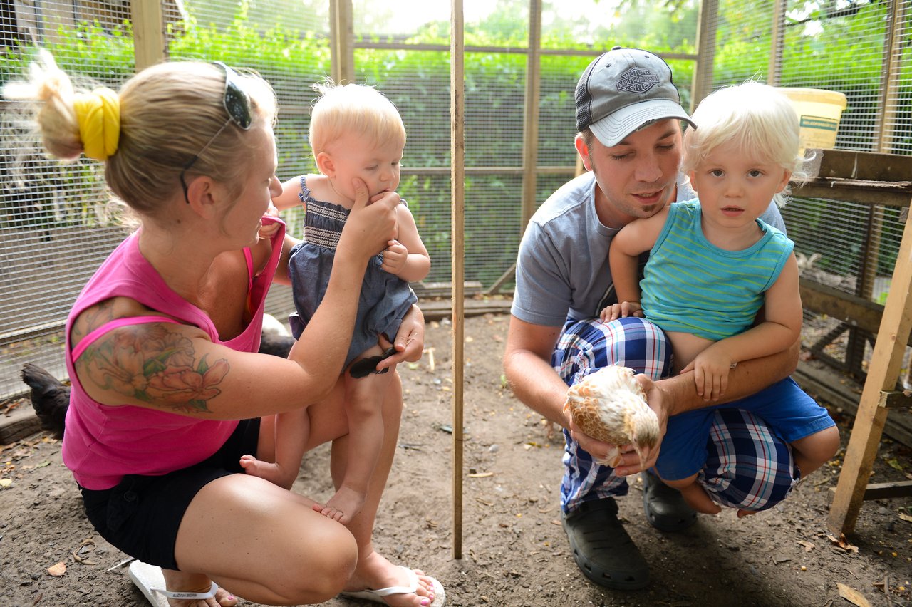 A man and woman crouch in an outdoor enclosure, holding two young children and a small chicken.