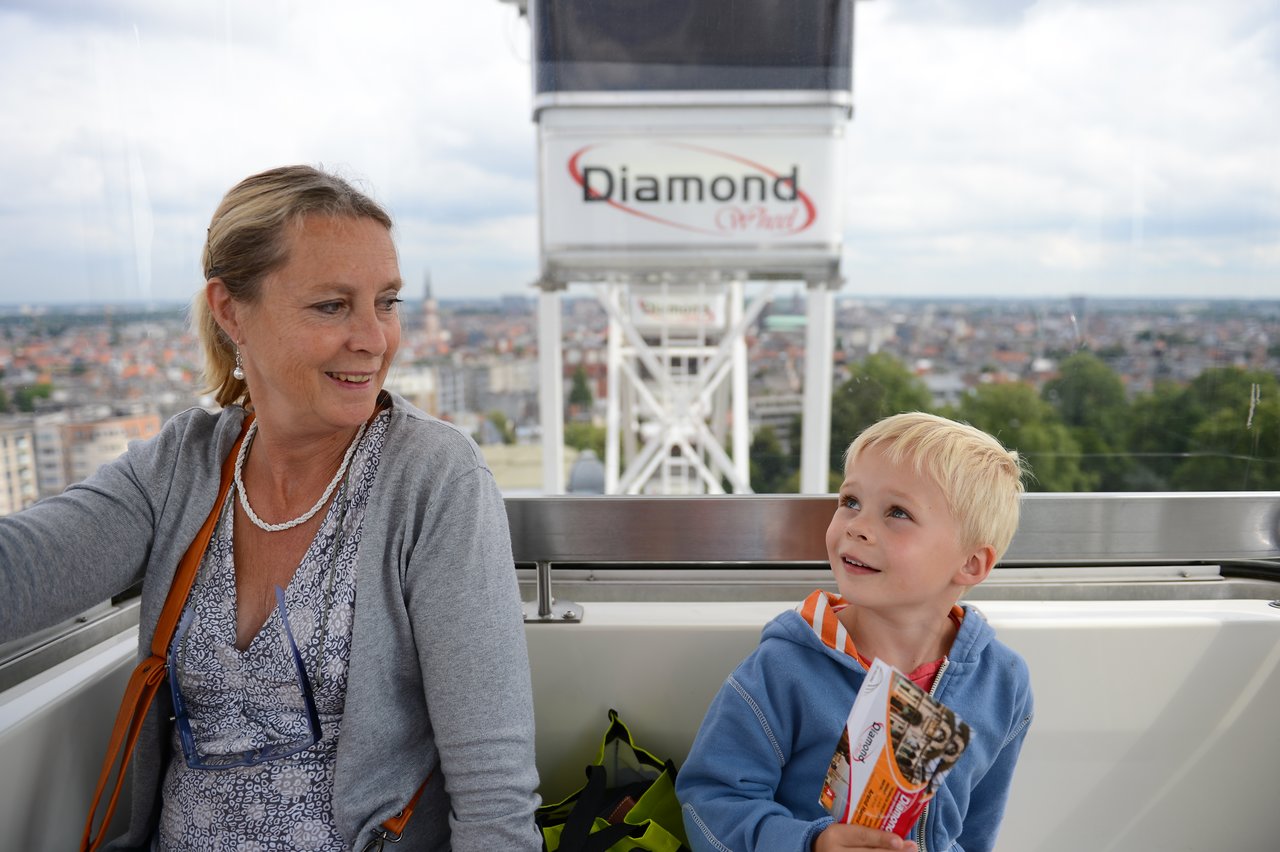 A woman and a young boy sit inside a Ferris wheel cabin, looking at each other and smiling.
