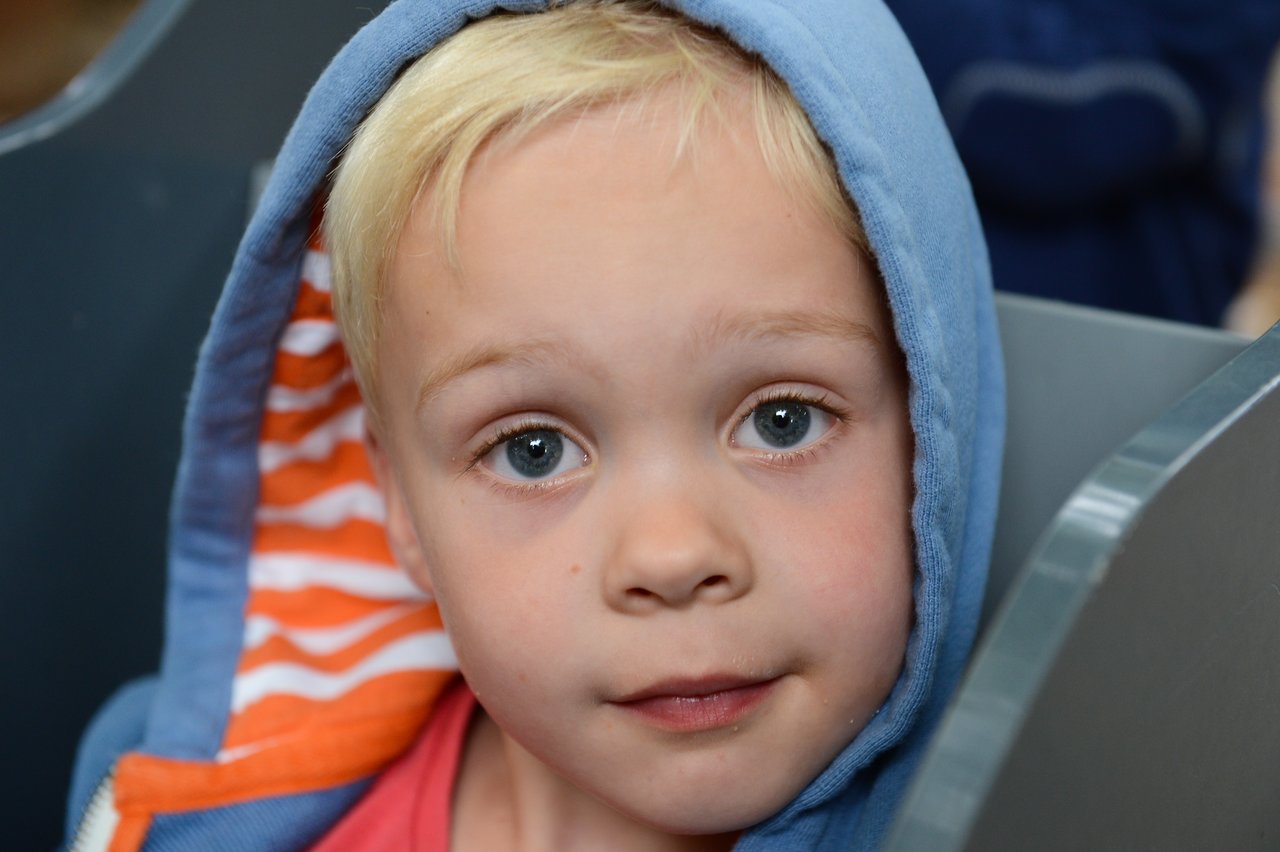 A young child with a blue hood looks tired while sitting and gazing directly at the camera.