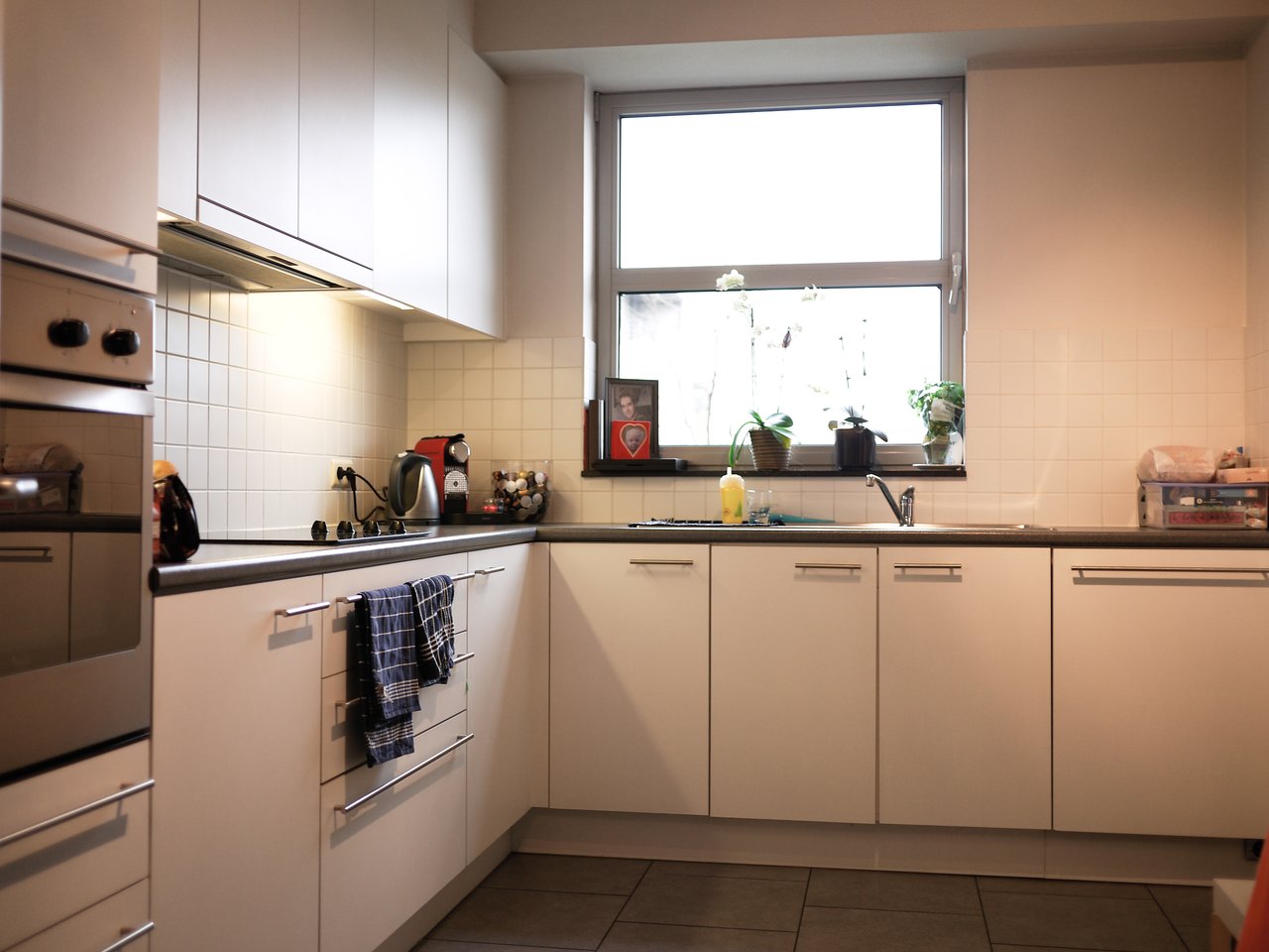 Modern kitchen with white cabinets, built-in oven, and a sink under a window with plants and small decorations.