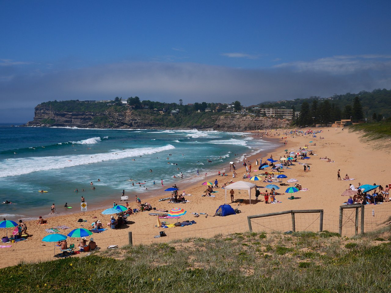 People relaxing on Avalon Beach in Sydney, with colorful umbrellas, swimmers in the ocean, and waves reaching the shore.