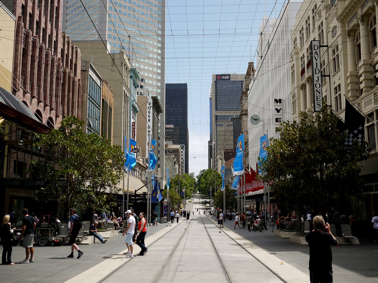 A busy pedestrian street in Melbourne with tram tracks, shops, and people walking or sitting on benches.