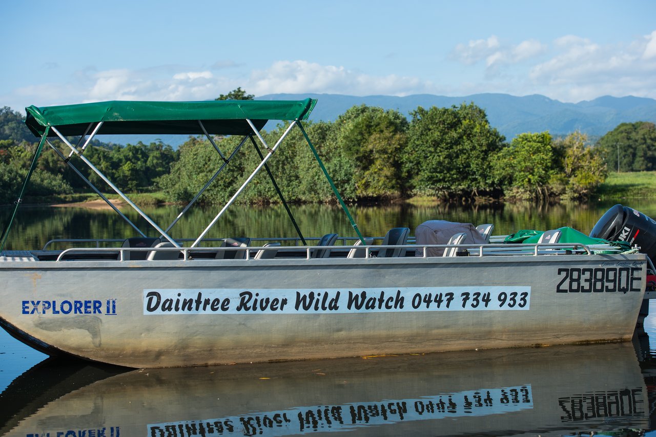 A tour boat with a green canopy is docked on a calm river, with seating for passengers.