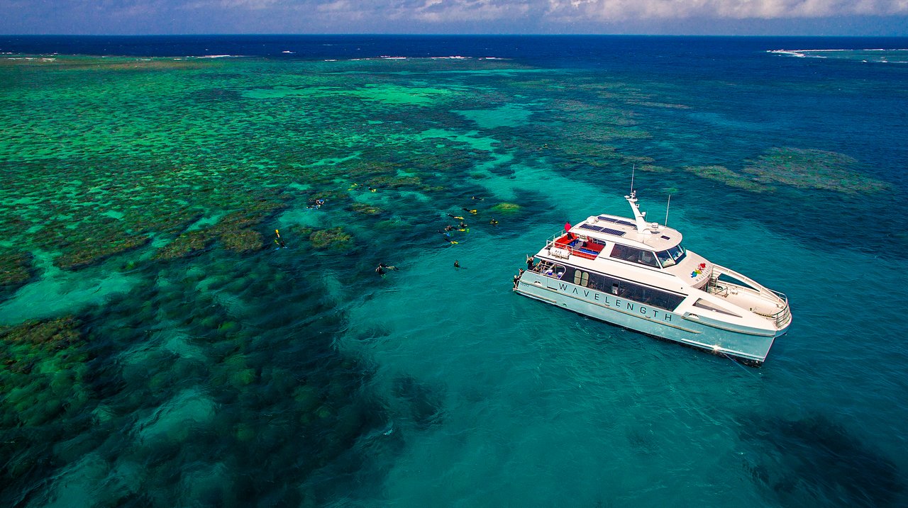 A tour boat is anchored in clear water while people snorkel nearby, exploring the coral reef below.