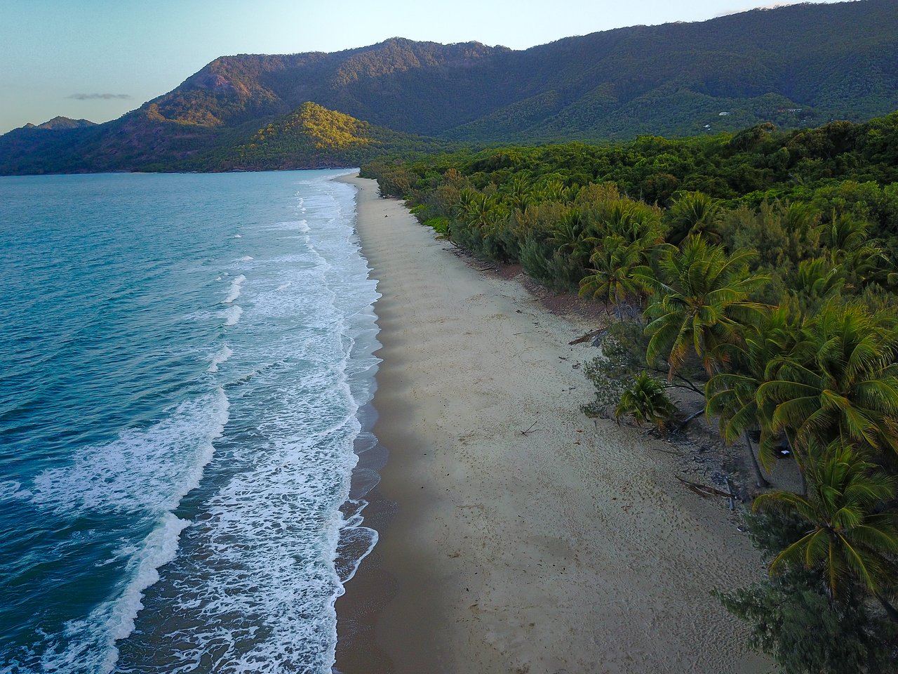 A sandy beach with ocean waves on one side and green palm trees on the other, with mountains behind.