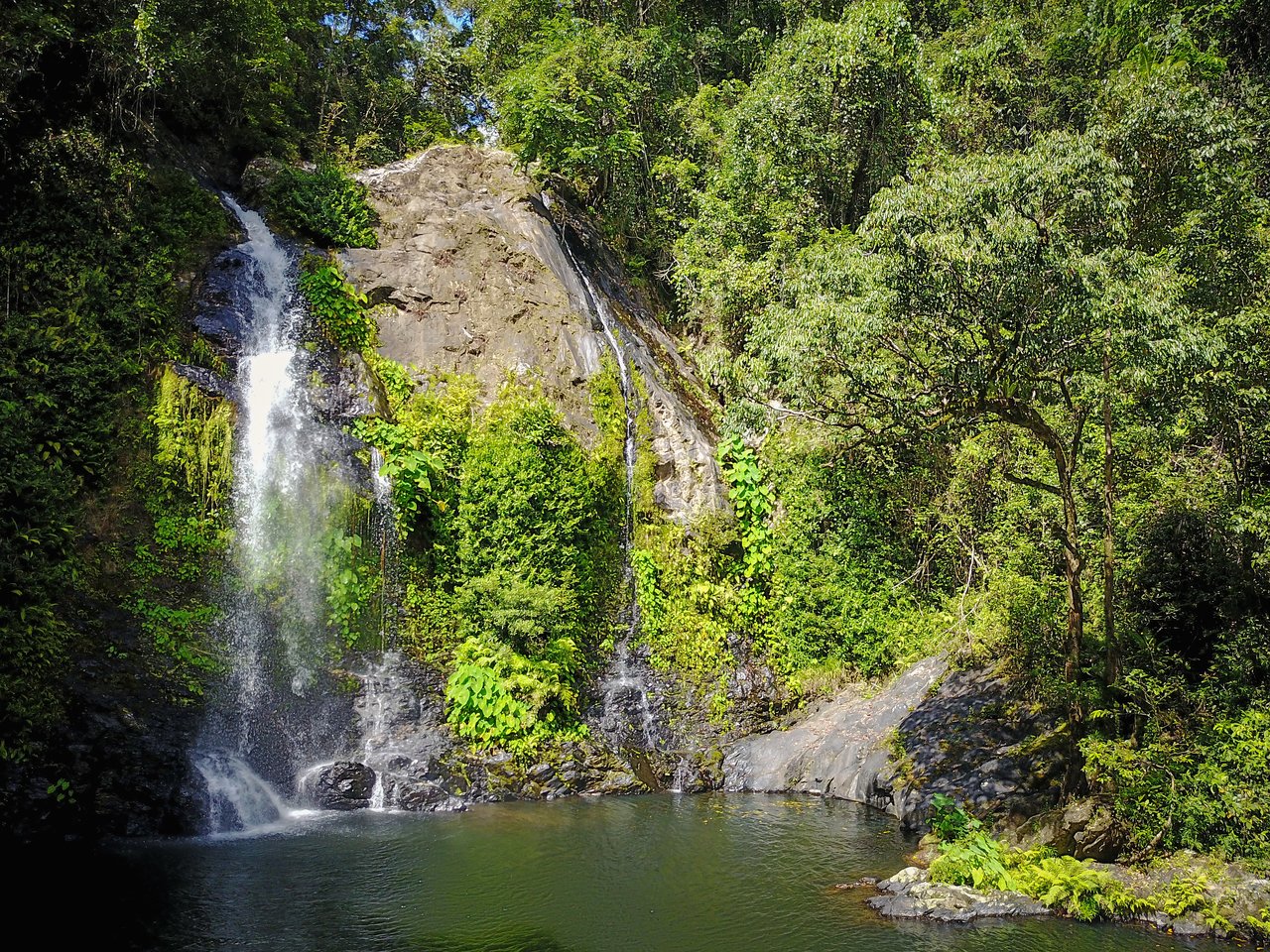A waterfall cascades down a rocky cliff into a pool, surrounded by green vegetation and trees.