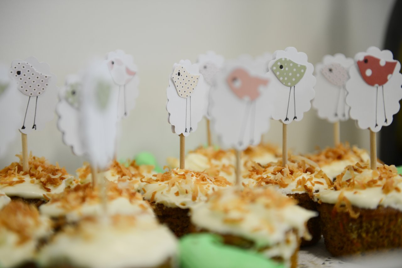 Cupcakes with toasted coconut topping, decorated with sheep and bird-themed paper toppers on wooden sticks.