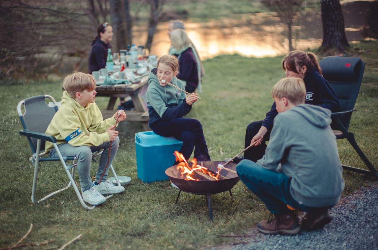 Four children sit around a campfire roasting marshmallows, while an adult sits at a picnic table nearby.
