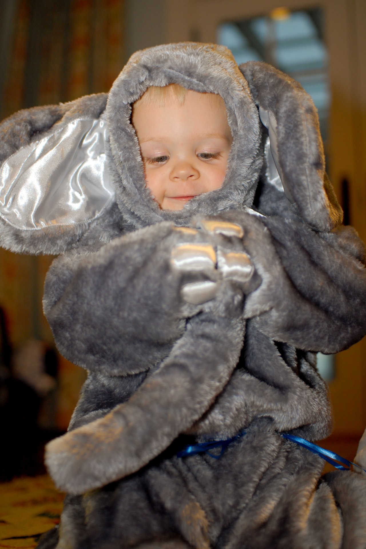 A young child in a fuzzy elephant costume looks down while holding the costume's trunk with both hands.