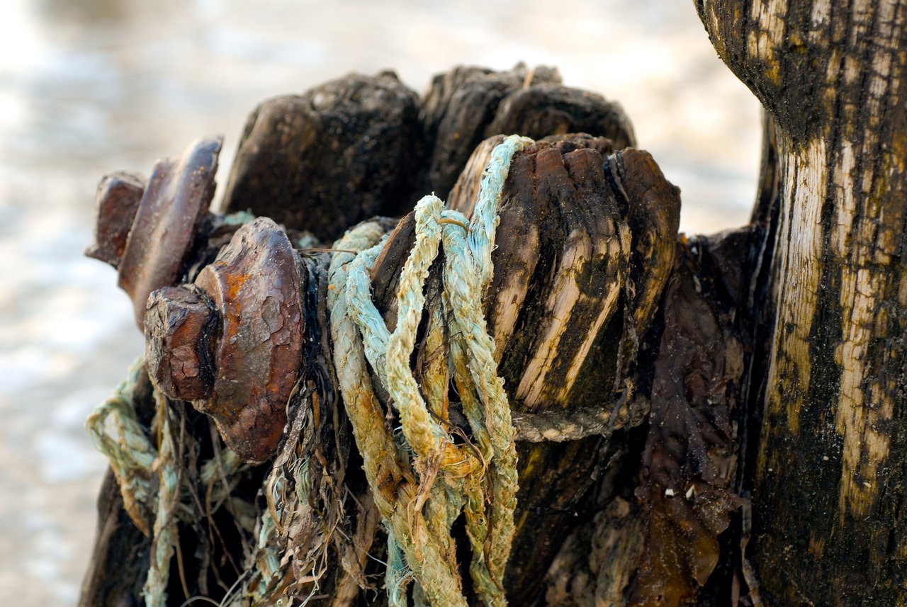 A heavily rusted bolt protrudes from a weathered wooden pier, entangled with frayed and discolored rope.