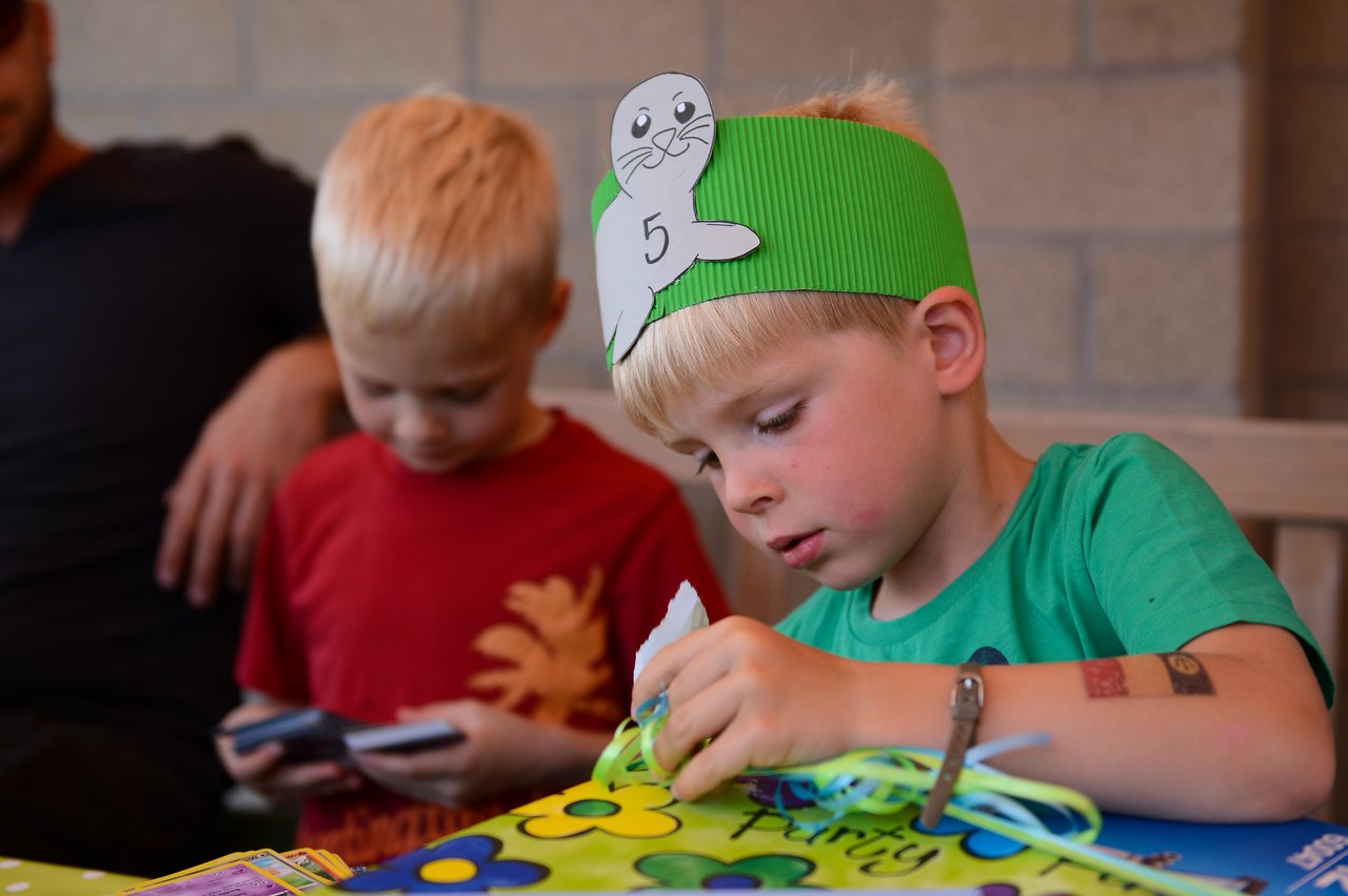 A young child wearing a green birthday crown opens a gift, while another child looks at cards nearby.