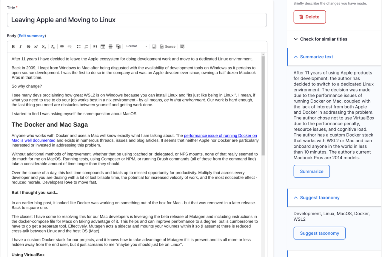 A screenshot of Drupal's editorial UI that shows a few integrations with ChatGPT.