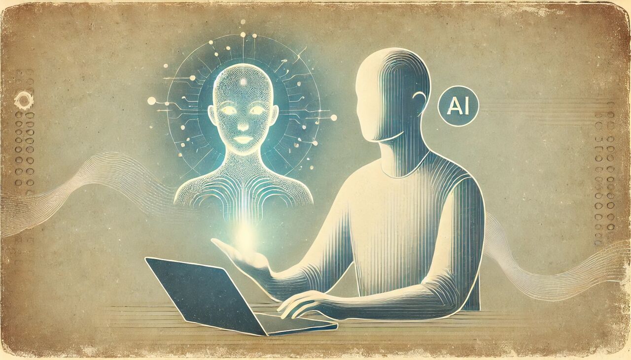 A person works on a laptop as a hologram of an AI agent hovers beside them.