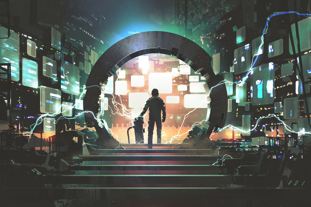 Silhouette of a person standing before a large circular portal surrounded by glowing screens and cables, suggesting complex digital infrastructure.