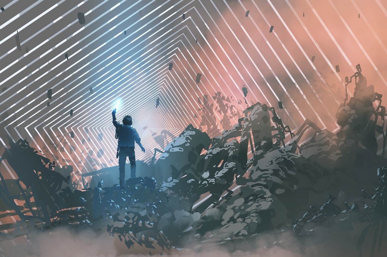 A person standing on rubble raises a glowing light toward a tunnel of geometric light lines.