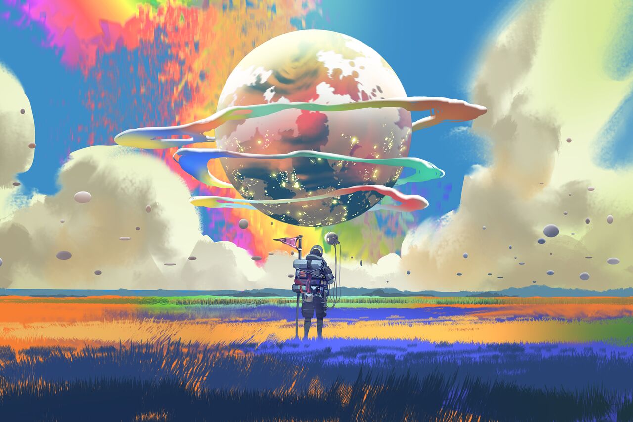 An astronaut explores a surreal landscape beneath rainbow-colored planetary rings, symbolizing the journey into AI's transformative potential for Drupal.