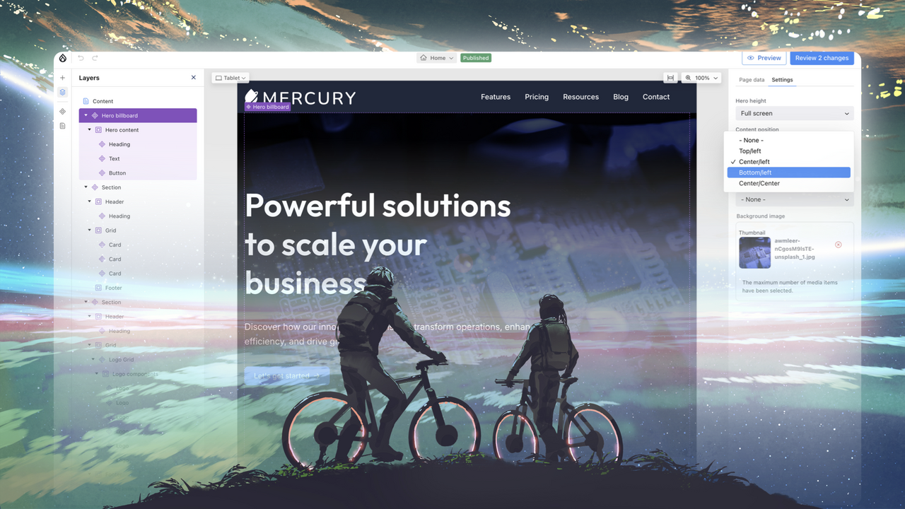 A futuristic illustration of bikers merged with a screenshot of the Drupal Canvas visual page builder interface.