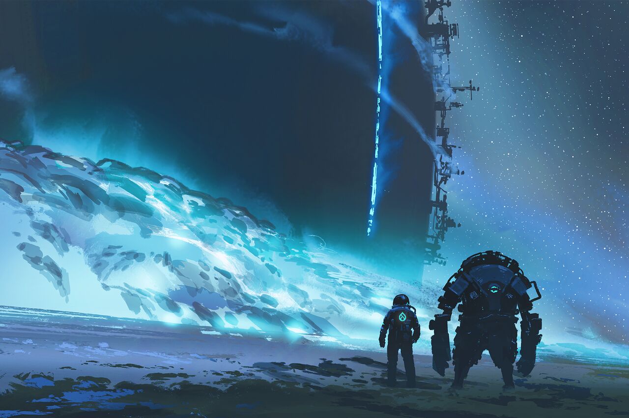 Two small figures watch a massive vessel launch, symbolizing digital agencies witnessing the AI transformation of their industry.