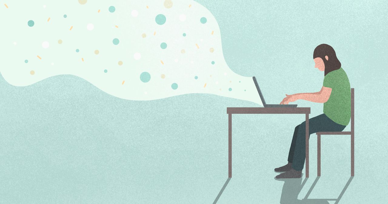 A person types on a laptop, with abstract shapes flowing from the screen, representing low-code and no-code development.