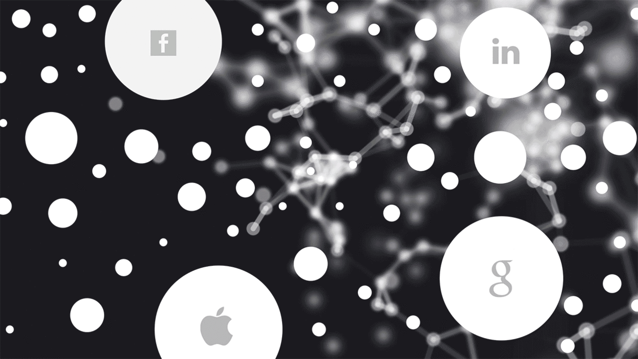 A digital illustration shows large tech company logos among connected nodes, representing the dominance of major platforms over the web.