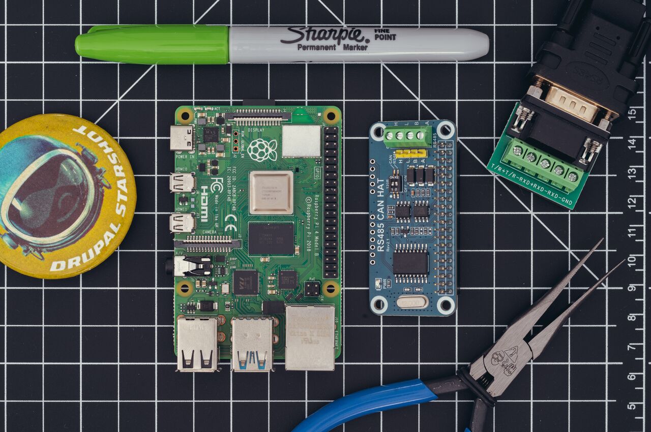 A Raspberry Pi 4 and an RS485 CAN HAT next to each other.
