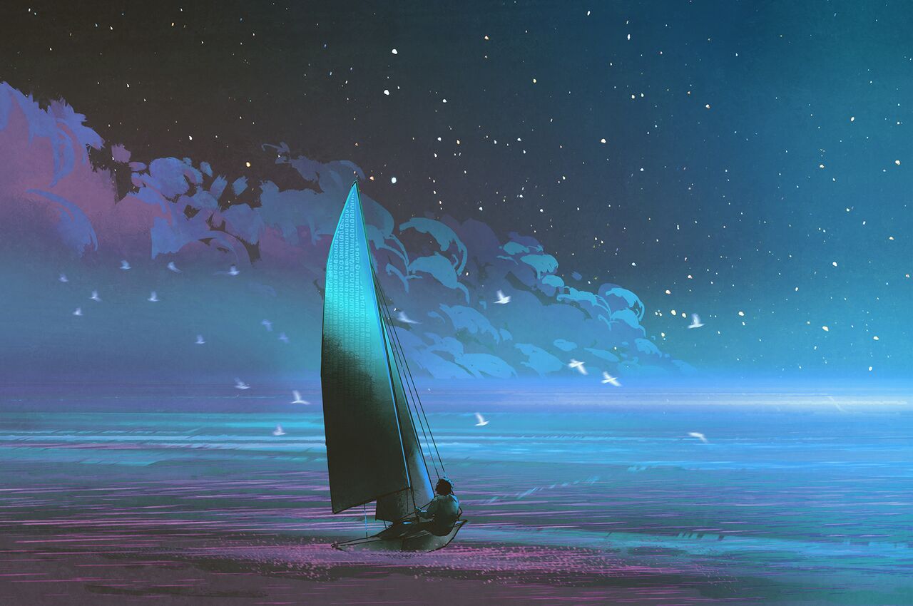 A lone sailor in a small boat glides across a glowing, calm sea at night beneath a star-filled sky.