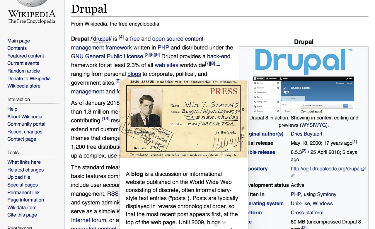 A Wikipedia page about Drupal with a link preview showing a blog-related entry overlapping the text.
