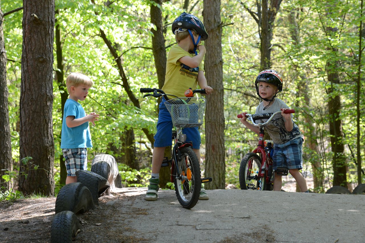 Three young children with bicycles stand on a dirt path in a wooded area, wearing helmets and talking.