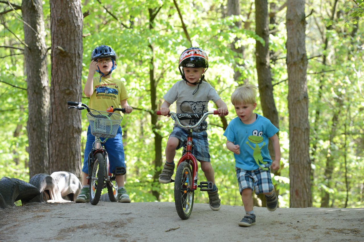 Two children ride bicycles while another child runs beside them on a dirt path in a wooded area.