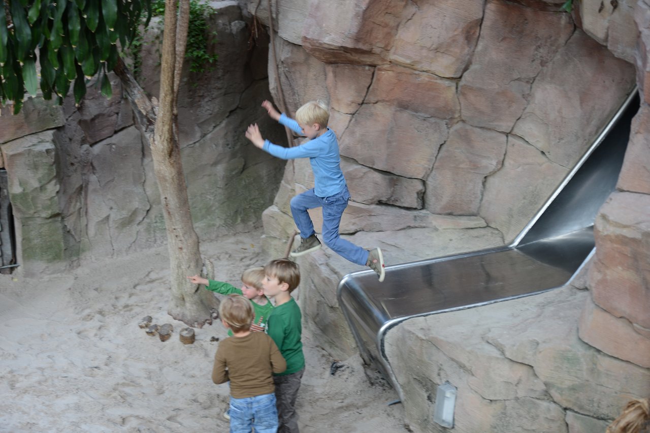 A child in a blue shirt jumps off the end of a slide while three others watch nearby.