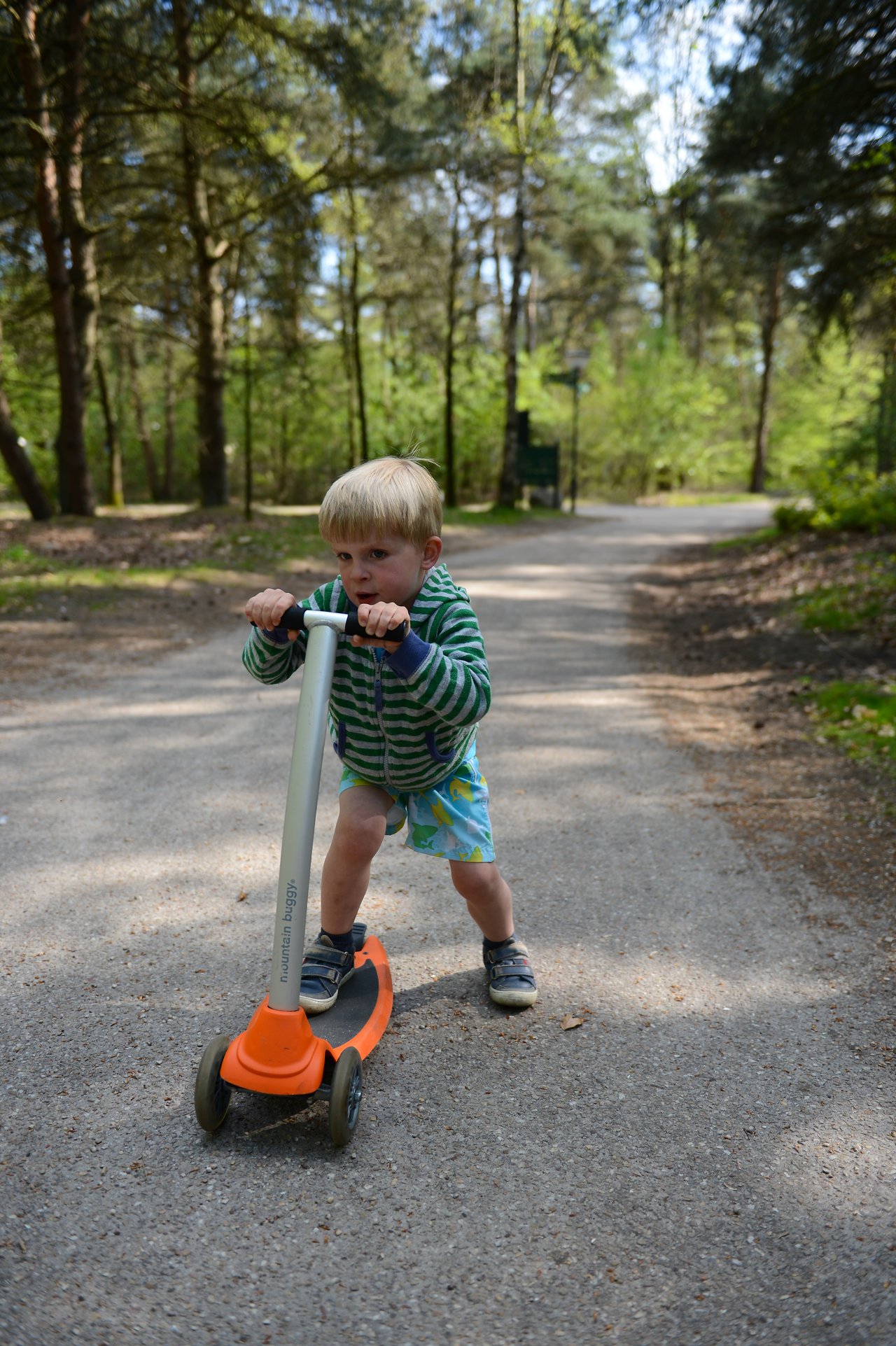 A young child rides an orange and black scooter on a paved path surrounded by trees.