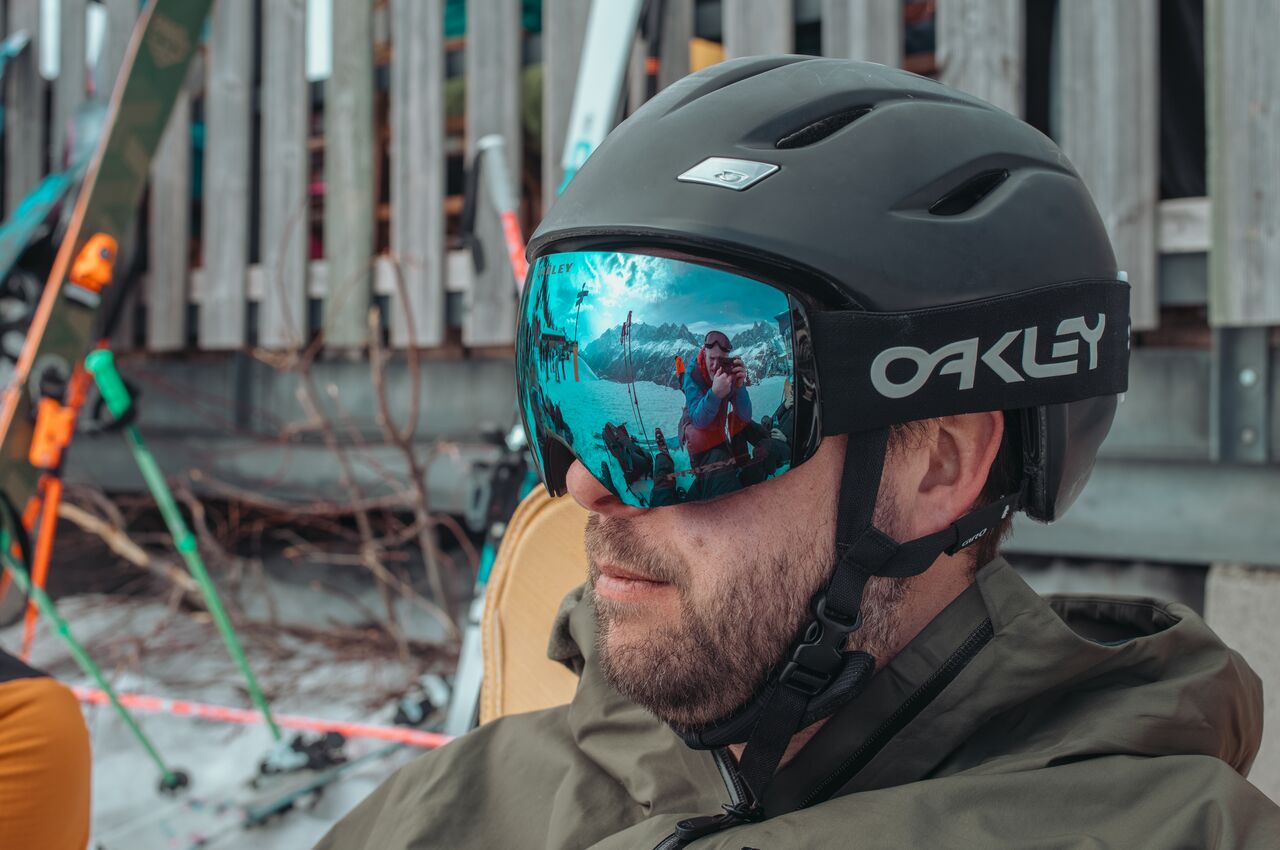 Close-up of a skier wearing a helmet.