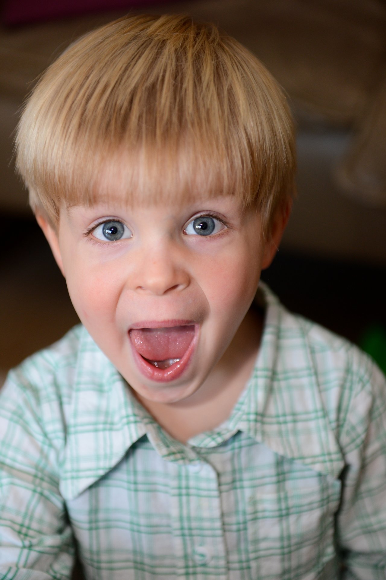 A young child with blonde hair and a plaid shirt opens their mouth wide, looking excited or surprised.