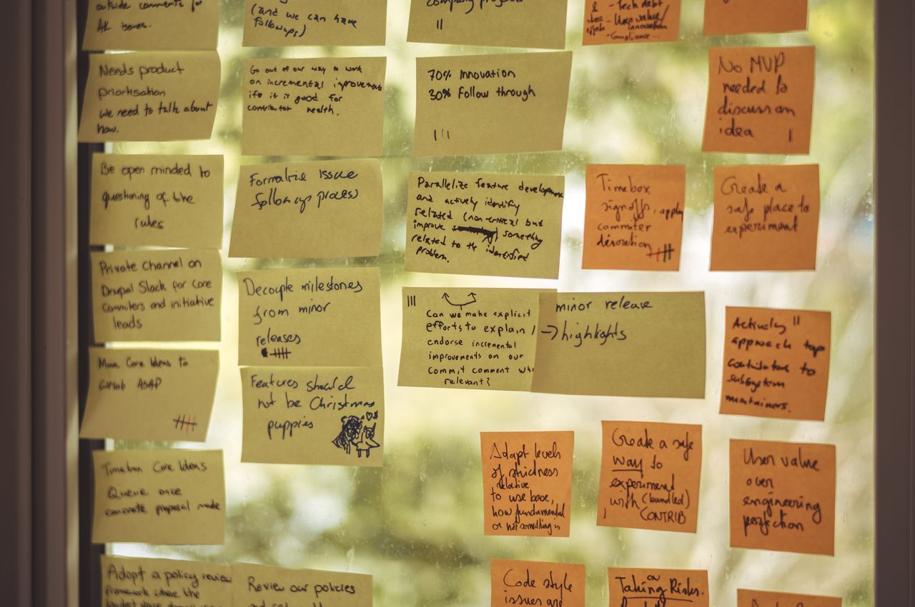 A window covered with yellow sticky notes.