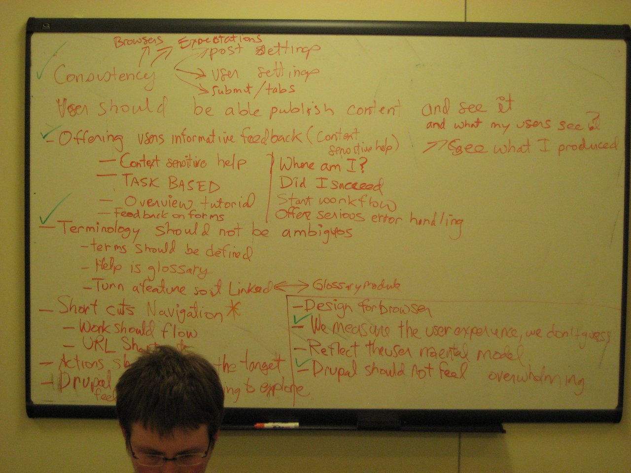 A person sits in front of a whiteboard filled with handwritten notes about Drupal usability and user experience.