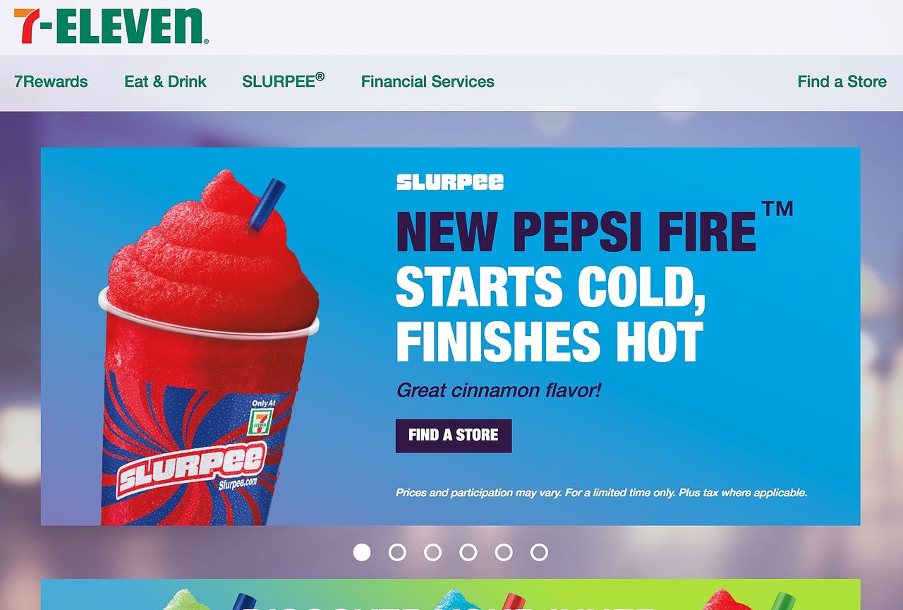 7-Eleven ad featuring a red Pepsi Fire Slurpee with cinnamon flavor and the slogan "Starts Cold, Finishes Hot.