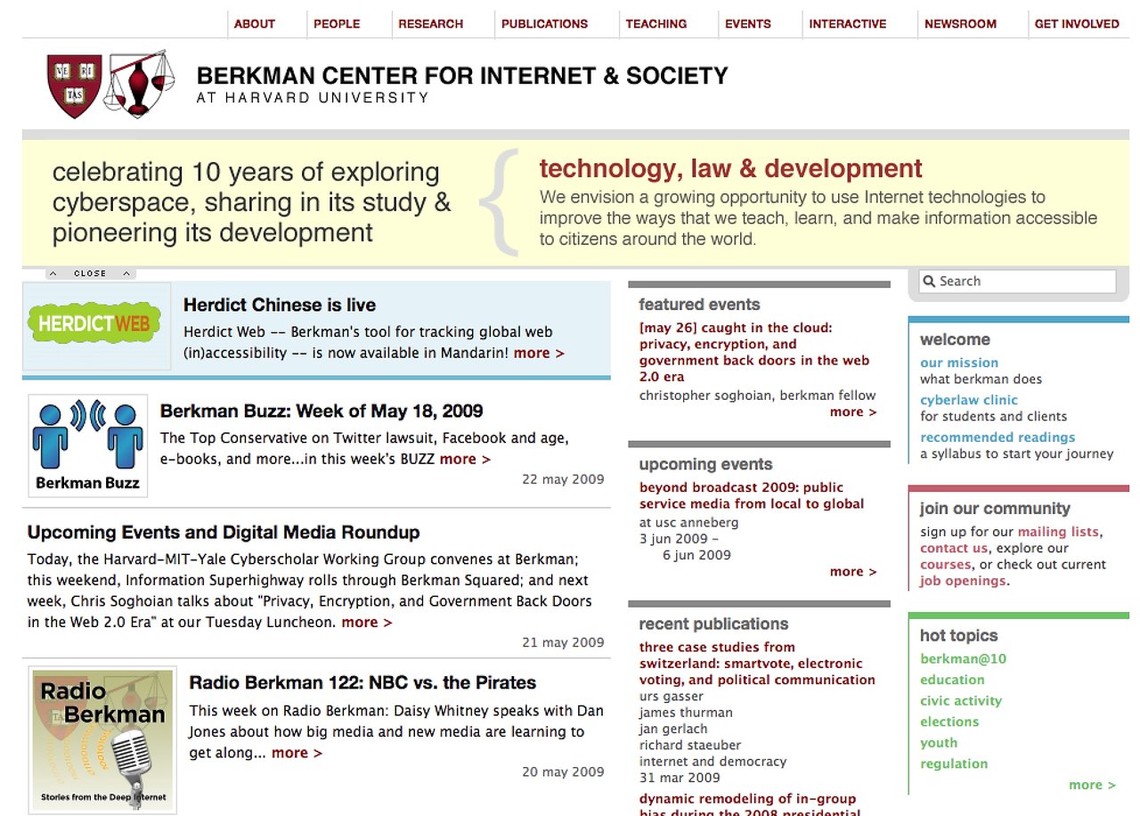 A Berkman Center webpage displaying news, events, and research on technology, law, and internet development.