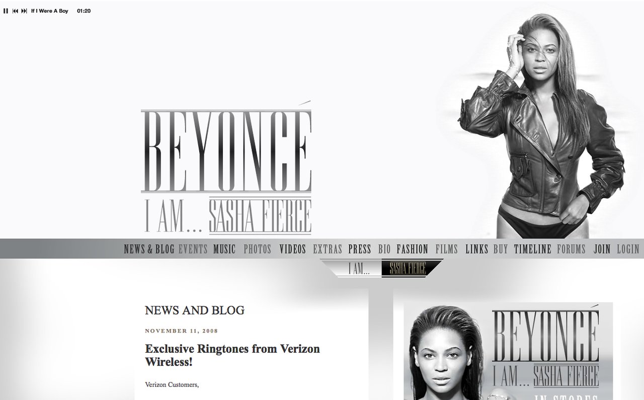 A black-and-white website features Beyoncé promoting her album "I Am.