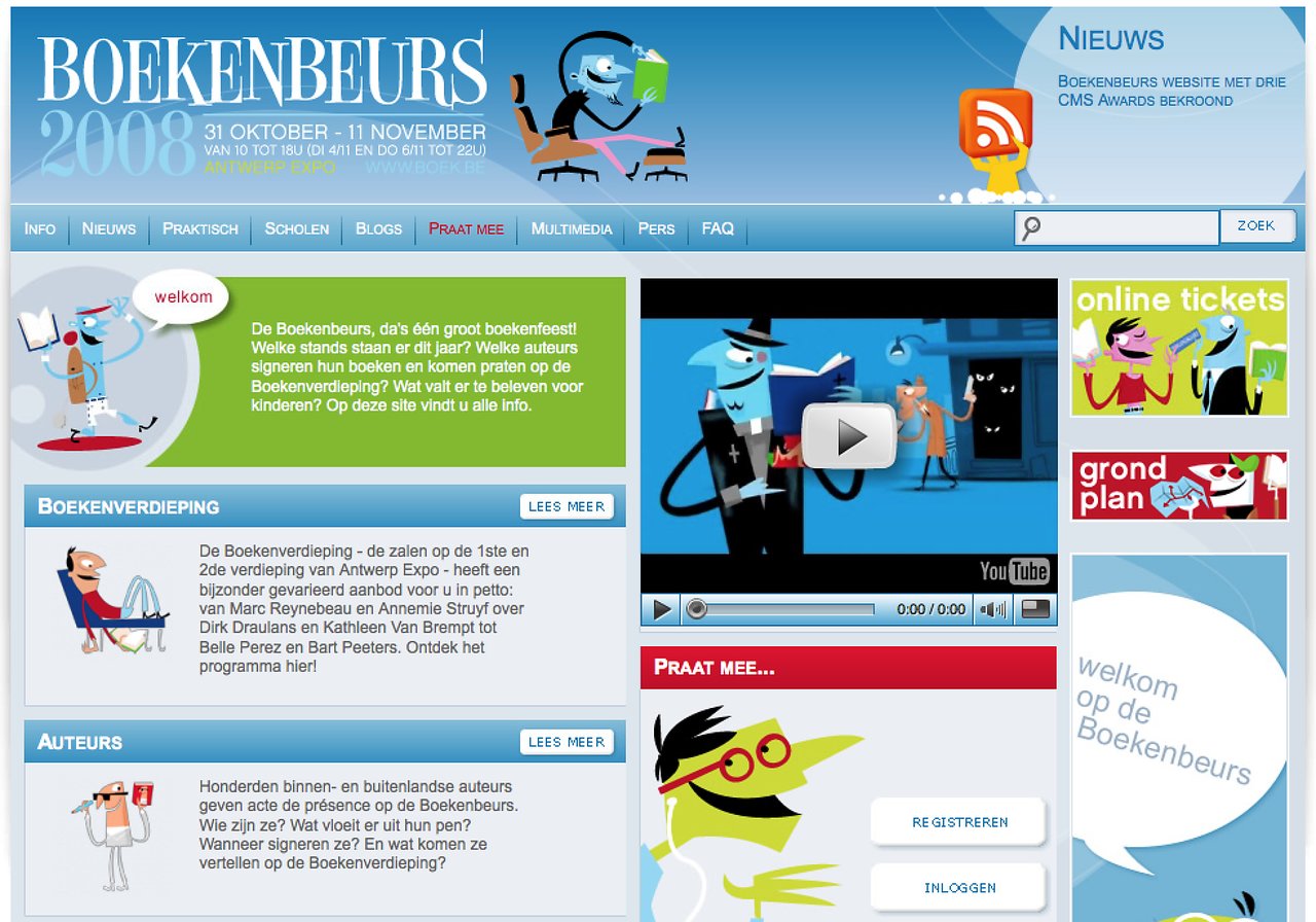 A colorful website for Boekenbeurs 2008 featuring event details, author signings, and a promotional video.