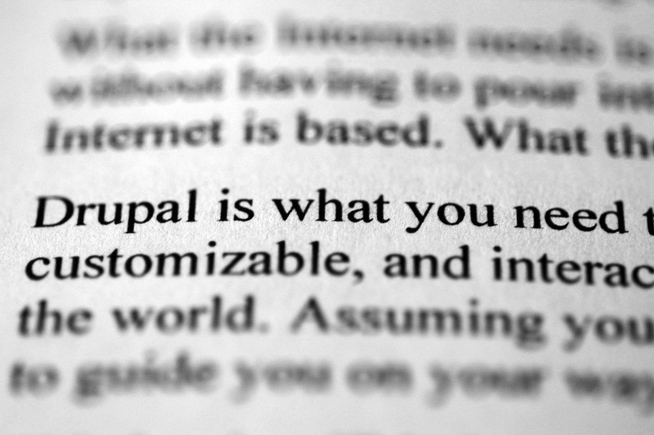 Close-up of a book page with the word "Drupal" in bold, discussing its customizable and interactive features.