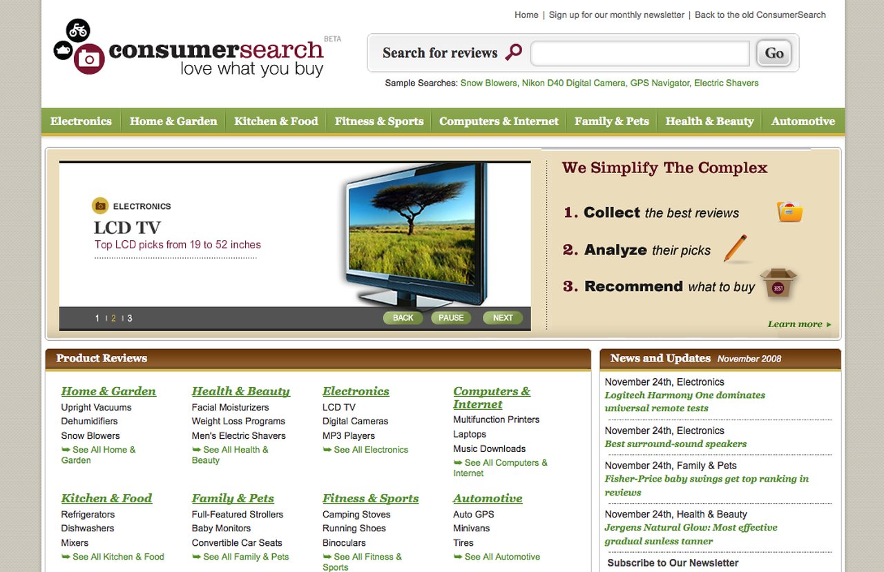 A consumer review website homepage with a search bar, product categories, and featured LCD TV recommendations.