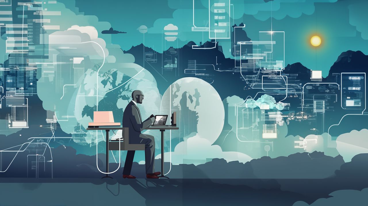 A male business person working on a laptop in a futuristic, cryptopunk setting.